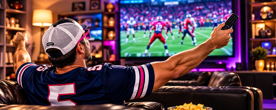 Fan celebrating in front of a big screen TV